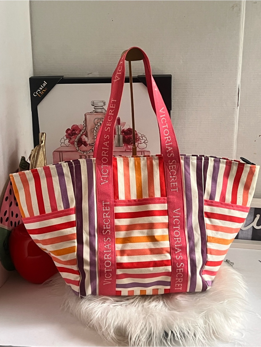 Victoria's Secret Striped Canvas Tote - Pink, Orange, Purple